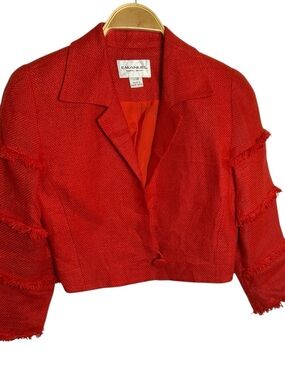 Vtg EMANUEL UNGARO ,linen ,cropped,red blazer, sz 2/36 ,frayed sleeves,great con